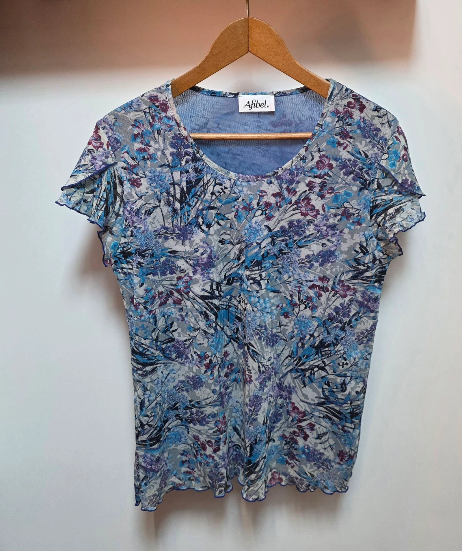 T-shirt en tulle doublé bleu floral Afibel 42 44 XL XXL haut imprimé fleurs